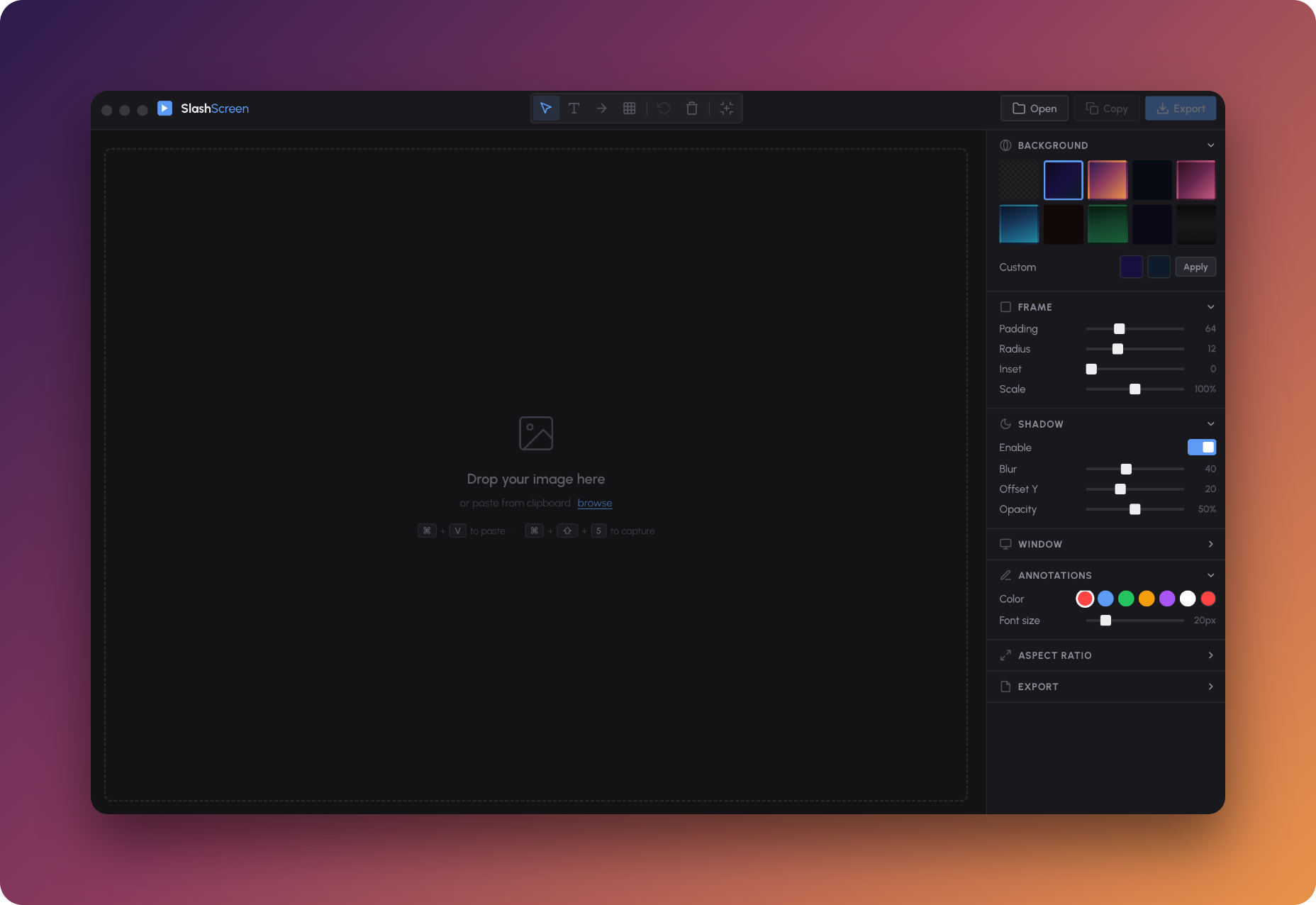 Slashscreen — screenshot beautifier for macOS, Windows and Linux
